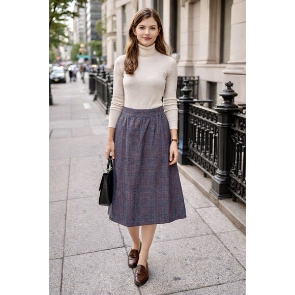Junior Wool Blend Plaid A-Line Midi Skirt Classic Academia Preppy Tailored 11/12 - Picture 2 of 8